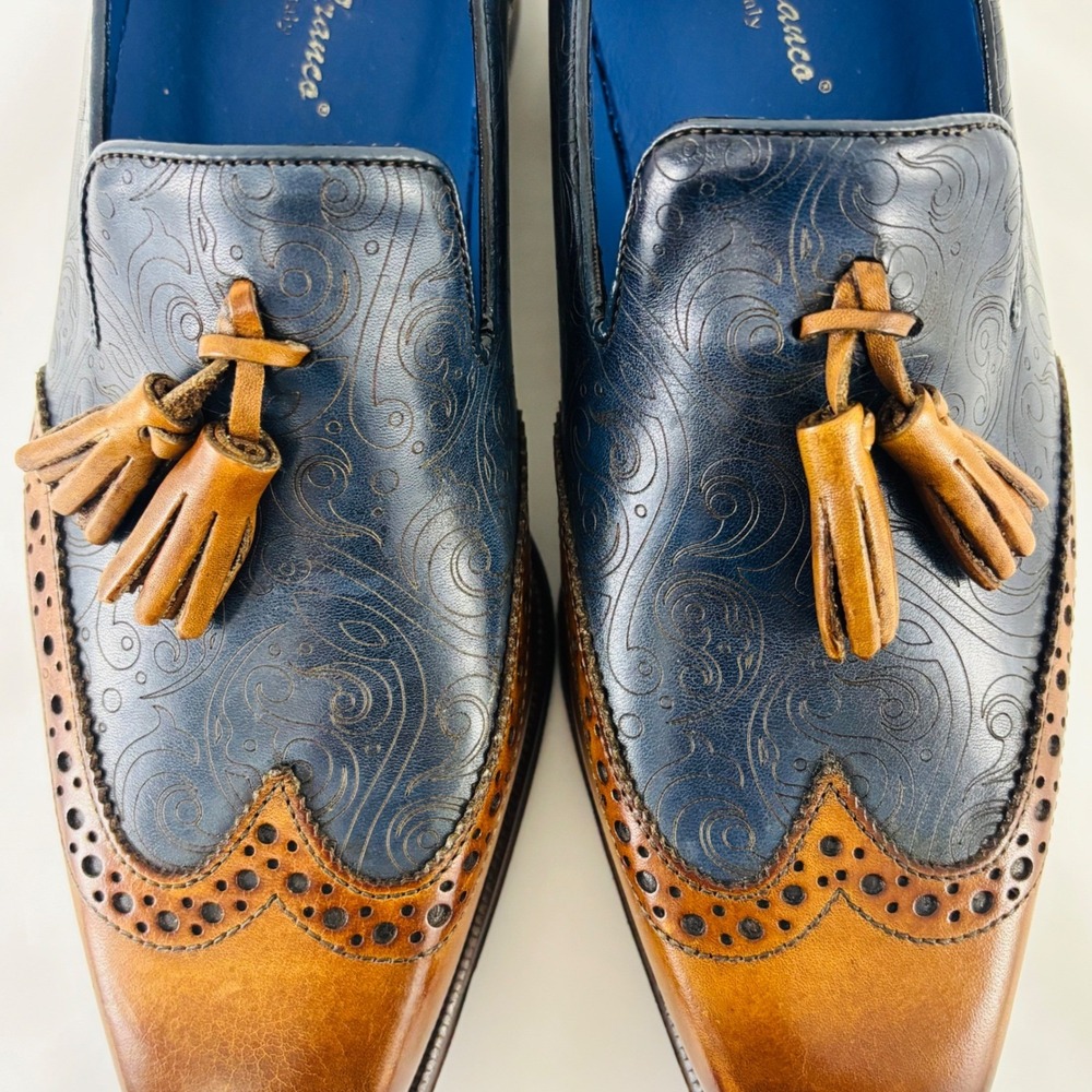Emilio Franco Navy Blue Paisley Cognac Leather Tassel Wingtip Loafers Italy Sz 7 - Picture 4 of 13